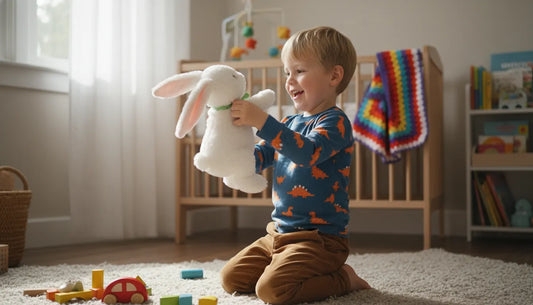 boy playing with a plushy bunny in a bedroom