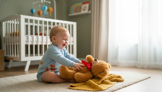 baby playing with a teddy bear in a bedroom