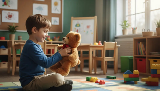 boy playing with a teddy bear in a classrom