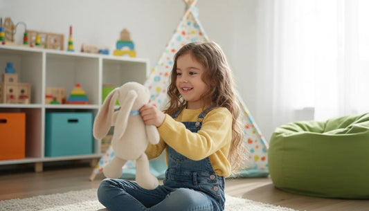 girl playing with a plushy bunny in a playroom