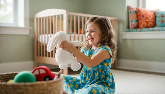 girl playing with a plushy bunny in a bedroom