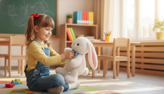 girl playing with a plushy bunny in a classrom