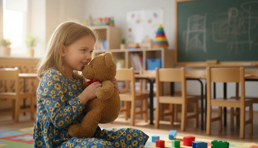girl playing with a teddy bear in a classrom