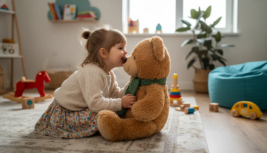 girl playing with a teddy bear in a playroom