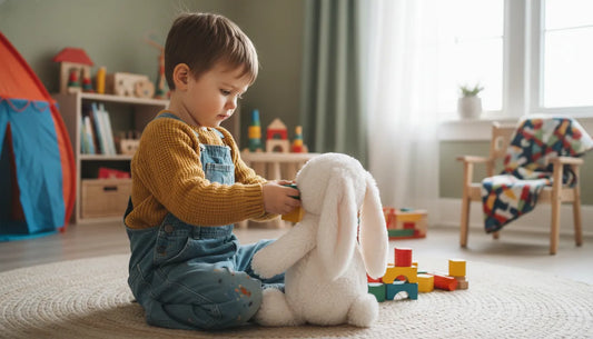 boy playing with a plushy bunny in a playroom