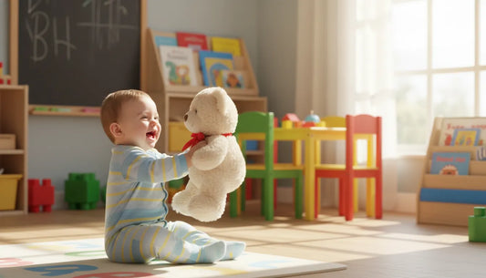baby playing with a teddy bear in a classrom