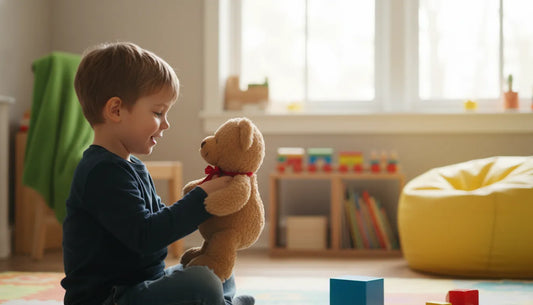 boy playing with a teddy bear in a playroom