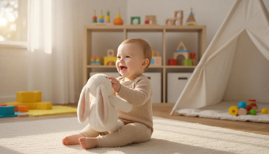 baby playing with a plushy bunny in a playroom