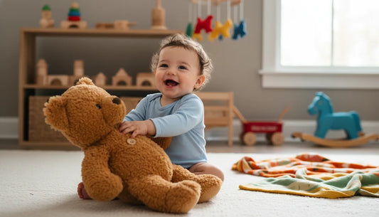 baby playing with a teddy bear in a playroom