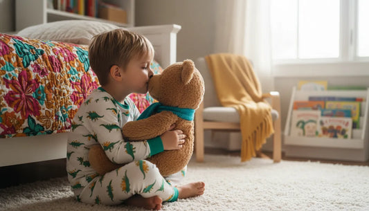 boy playing with a teddy bear in a bedroom