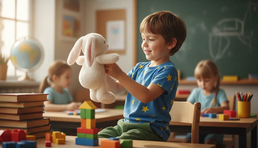 boy playing with a plushy bunny in a classrom
