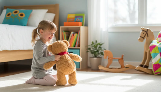 girl playing with a teddy bear in a bedroom