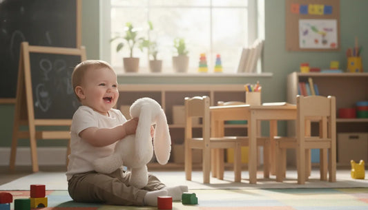 baby playing with a plushy bunny in a classrom